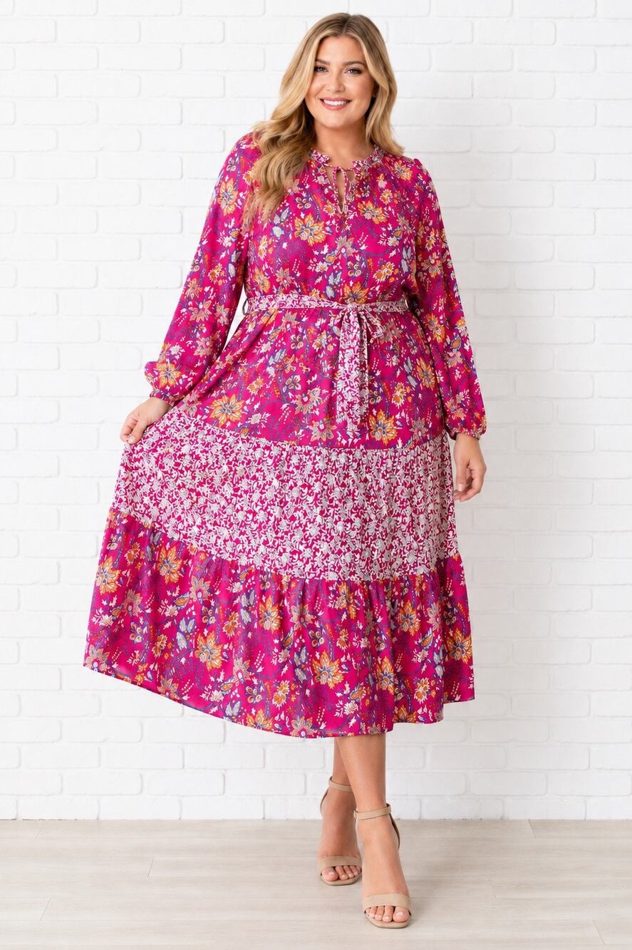 BiBi 2X NWT Pink Floral Mixed Print Boho Midi Dress Long Sleeve Tiered Plus
